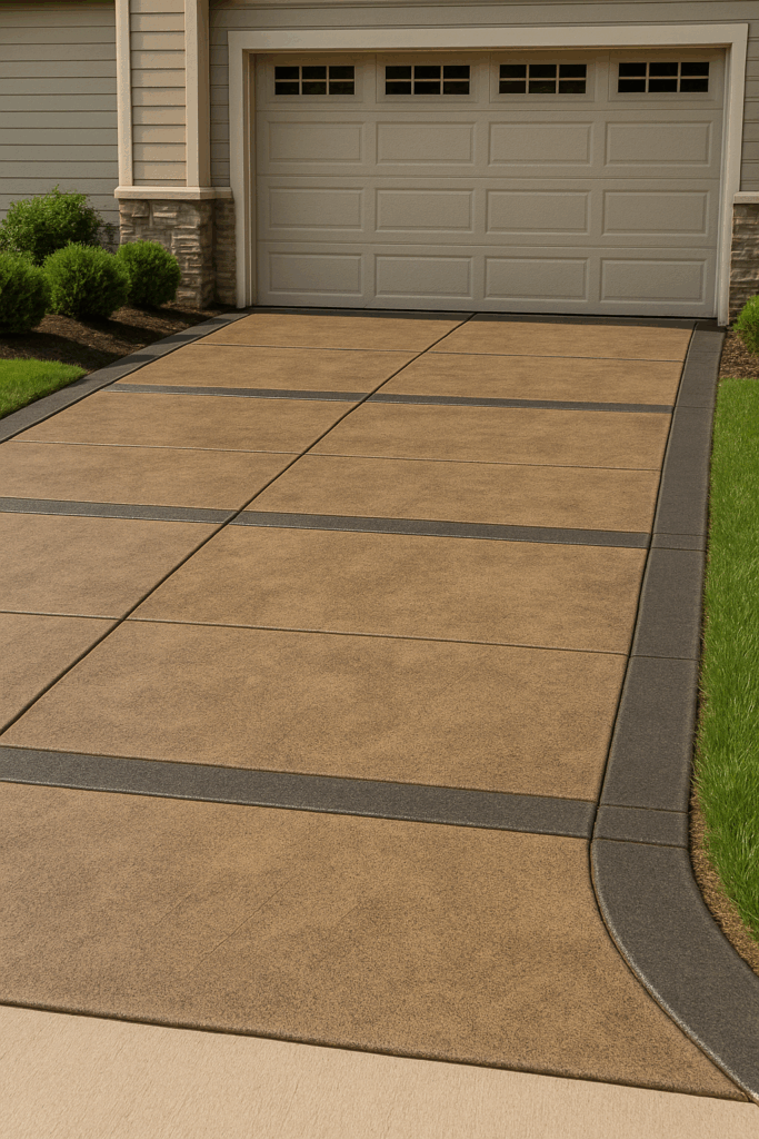 Decorative residential concrete driveway with stained surface and border detailing.