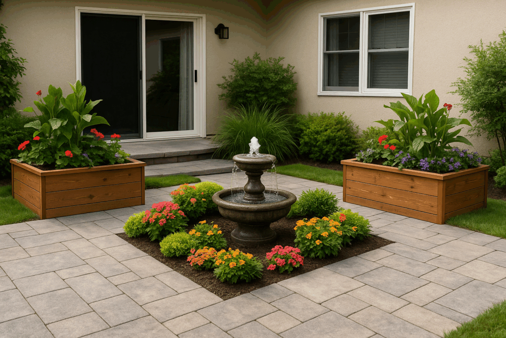 A paved patio with planter boxes and a small water fountain, showcasing the charm of custom patios.